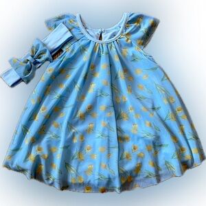 Blue Floral Baby Dress with Headband